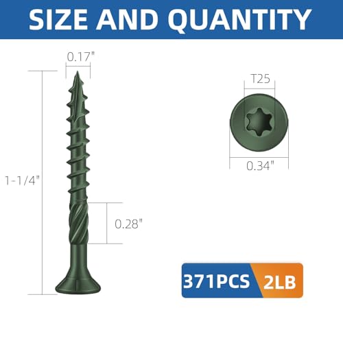 Image of #8 x 1-1 /4 inch Heavy-Duty Deck Screws - Green Outdoor Wood Screws, Torx Drive with T25 Bit, Rust Resistant for Wood Decking and Fence (2lb,371Pcs)