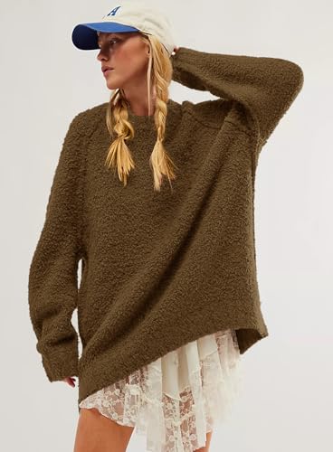 Image of Beaully Women's Oversized Crewneck Sweaters | Oversized style, Tunic sweater, Fuzzy knit, Soft knit, Loose fit, Drop shoulder