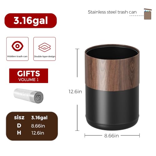 Image of 3.1GAL Modern Metal Waste Bin with Realistic Wood Texture,Built-in Bag Holder,Open-Top Trash Bin for Bathroom,Home,Office,Living Room (3.1gal Round)