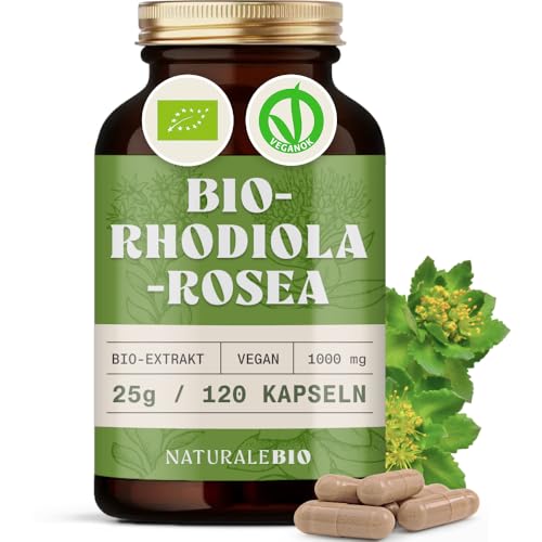 NaturaleBio Bio-Rhodiola Rosea 120 Kapseln. 1000 mg. 100% veganer Extrakt (5:1). Vorrat für 2 Monate. Traditionell verwendet um die Stressresistenz zu unterstützen.