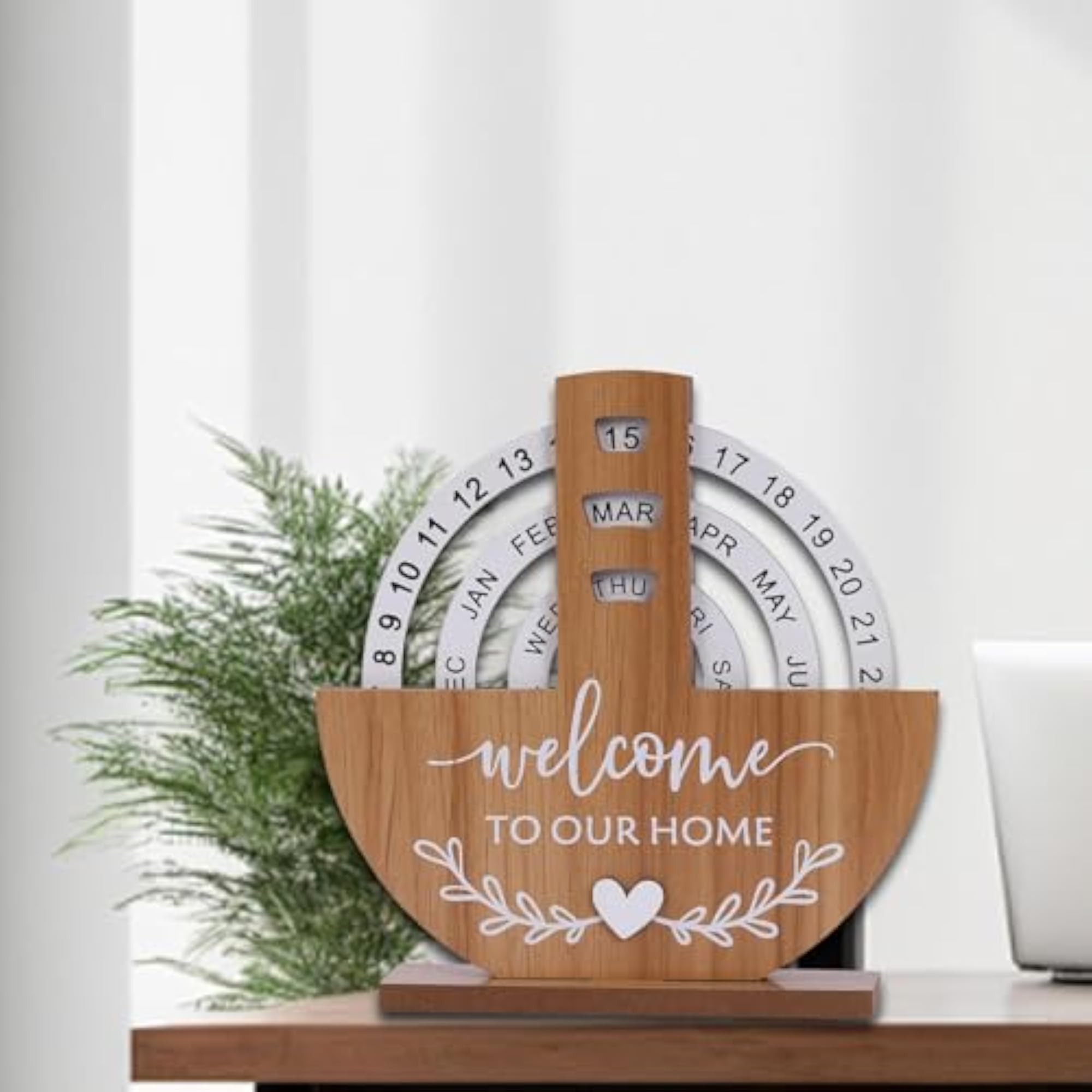 Wooden Perpetual Calendar Craft Art Desk Accessories, Semicircle