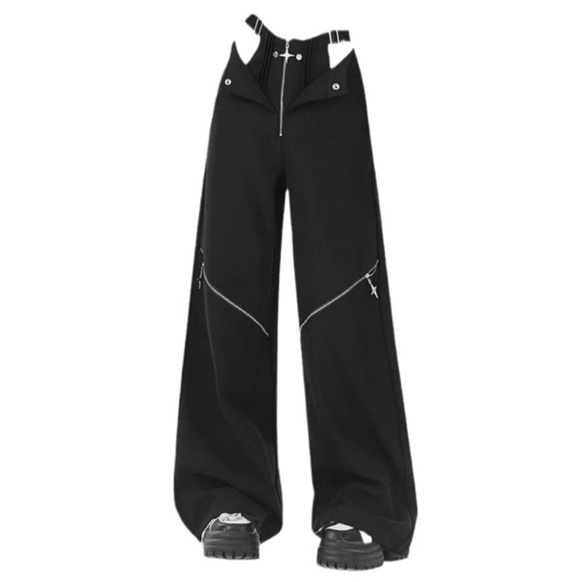 MLAFE Gothic Loose Wide Leg Pants Black Pants with Chain Goth Multi-Zip Punk Pants Y2k Bell Bottom Jeans
