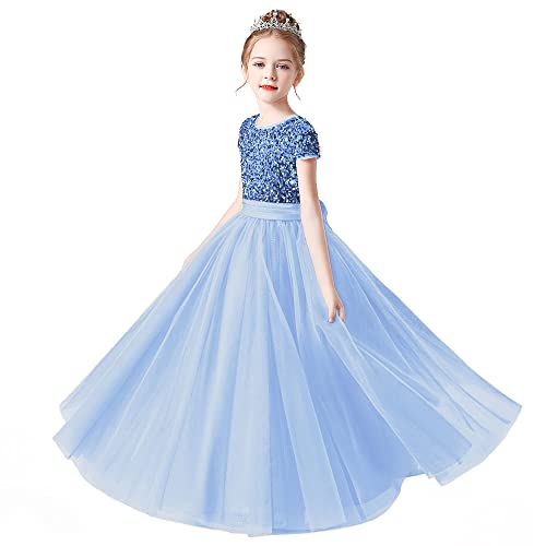 Party Wear Gown For Kids Junior Bridesmaid Dresses Baby Blue Sequins Tulle Puffy Skirt Girls Birthday Party Gown Baby Blue 8 #TOP5