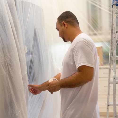 Abdeckfolie mit Klebeband Innen und Außen (3 Rollen 240cm x 20m) malerfolie zum Fenster abkleben | Klebeband mit Folie | SOLIDGUARD Selbstklebende Malerfolie