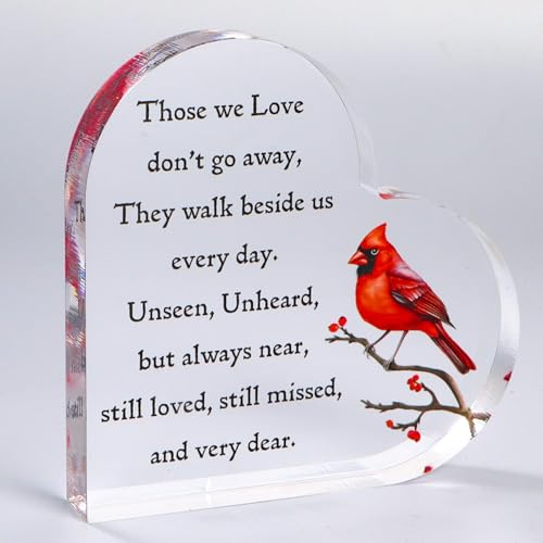 Cardinal Memorial Gifts Sympathy Bereavement Gift for Loss of Loved One in Memory of Dad Mom Husband Friend Parents Christmas Red Bird Acrylic Heart Shaped Plaque Table Decor