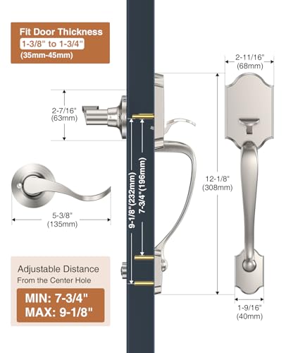Image of Brightify Brushed Nickel Front Door Handle No Lock, Classic Exterior Door Handle, Entry Door Handle Reversible for Left & Right Hand Doors