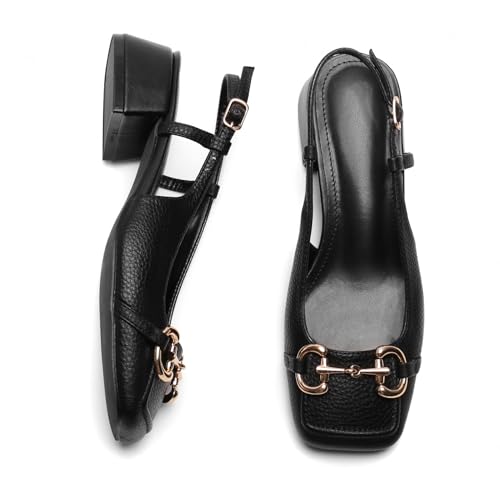 Image of Slingback Mary Jane Heels for Women Low Block Heel Closed Square Toe Pump Shoes Heels Classic Daily Office Dressy Shoes