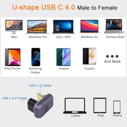 Image of USB C 180 Degree Adapter 240W, 2-Pack U Shape USB C 180 Degree Angled USB 4.0 Type C Extender Connector Support 40Gbps Data & 8K Video for Thunderbolt 4 /3, Laptop, (AE-1322CC)
