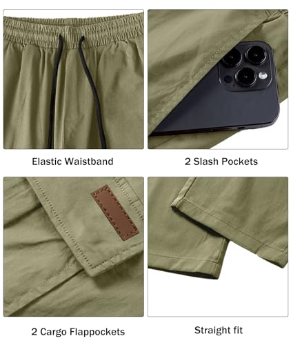 Comdecevis Men's Casual Cargo Pants Workout Joggers Stretch Sweatpants Hiking Drawstring Tactical Pants with Multi Pockets Light Green - Thumbnail 5
