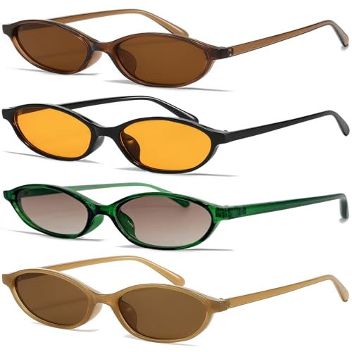 NSODREEM Retro Oval Cat Eye Sunglasses for Women 90s y2k Thin Sunglasses Womens Trendy Sun Glasses UV Protection (4 Pcs(Black Orange+Teal+Brown+Green))