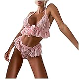 LAOSU Sexy Dessous-Set für Damen, mit Trägern und Strümpfen, erotisch, Nachtwäsche, Spitze, schick, Pyjama, V-Ausschnitt, für Damen, sinnliches Outfit, offen, Hot, 02 - Rosa, 42