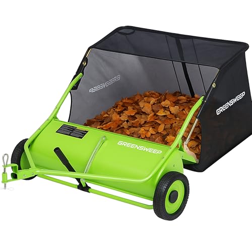 GreenSweep Pickup Tow 42-Inch Lawn Sweeper – Tow-Behind Leaf Collector for Ride-On Mowers – Adjustable Brush Height – Large Grass Catcher Hopper – Garden Debris Sweeper Attachment