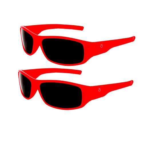 Optix 55 Kids Wraparound Sunglasses for Boys and Girls – Non Polarized Smoke Lenses With Gray Tint - Neon Red -2 Pack