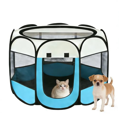 Recinto per Cani da Interno, 74x74x43cm Gabbia per Gatti recinto per conigli da interno kennel cane piccolo Box Pieghevole per Cane, Gabbia per Gatto Esterno (blu + bianco crema, 74x74x43cm)