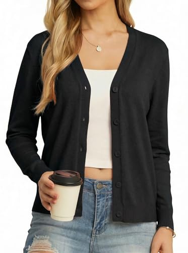 GRECERELLE Women's Black Lightweight Casual Cardigan Button Long Sleeve Down V-Neck Open Front Knit...