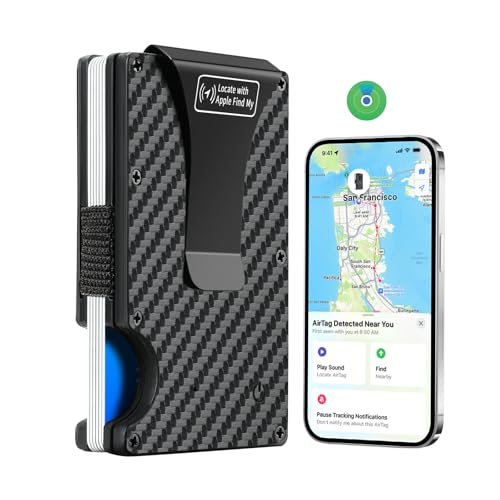 Trackable Thin Card Wallet For Men - Leather Bluetooth Anti-Lost Credit Card Holder with Metal Money Clip Men's Card Holder Minimalist Smart Men's Wallet (IOS-Carbon)