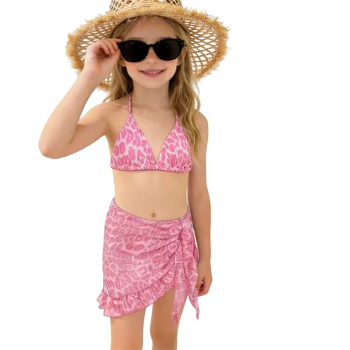 Bikini de Dos Piezas para niñas y Adolescentes con Estampado de Leopardo, Parte Superior con Volantes Elegantes y Braguita de Cintura Alta, Traje de baño Juvenil para Verano