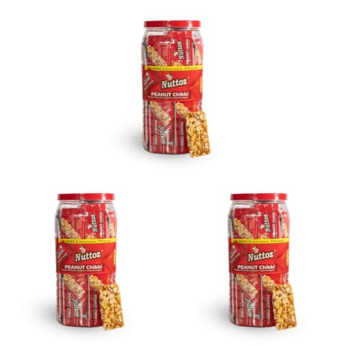 Image of Nuttoz Peanut Chikki JAR | Made with Jaggery | Gajak | Traditional Indian Sweet | Protein Rich Snack | Nutritious Energy Bar | Gazak (50 Bars, 15 Gm Each - 750gm) (Pack of 3)