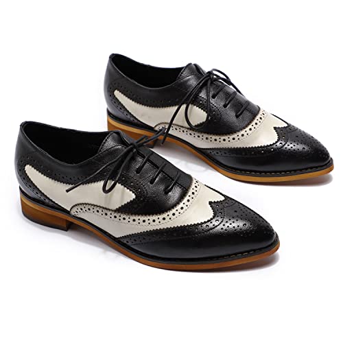 Mona Flying Lace Up Perforated Wingtip Leather Oxford Women Pointed Toe Saddle Classic Office Shoes #TOP3