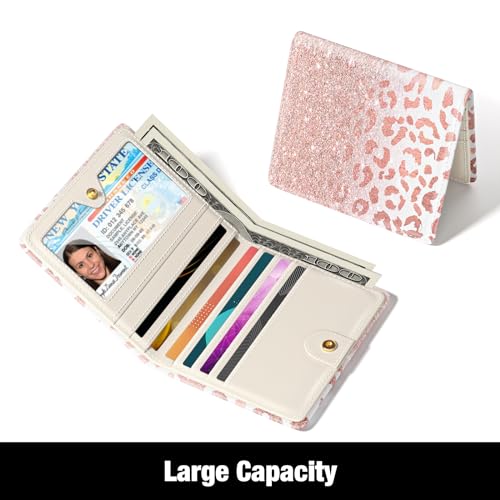 Image of Rouidr Womens Wallet, RFID Small Slim Wallet for Women, Cute Bifold Leather Pocket Credit Card Holder Ladies Mini Purse with Zipper Coin Pocket & ID Window, Pink Leopard
