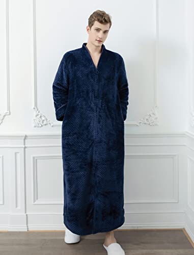 Locachy Men's Flannel Zip Bathrobes Soft Warm Long Fleece Plush Robe Housecoats Nightgown Sleepwear3
