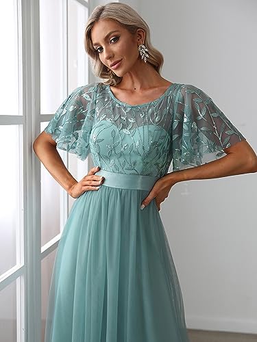 Image of Ever-Pretty Sequin Formal Prom Dresses for Women Ruffle Sleeves Empire Waist A-Line Long Mother of Bride Dress 00904