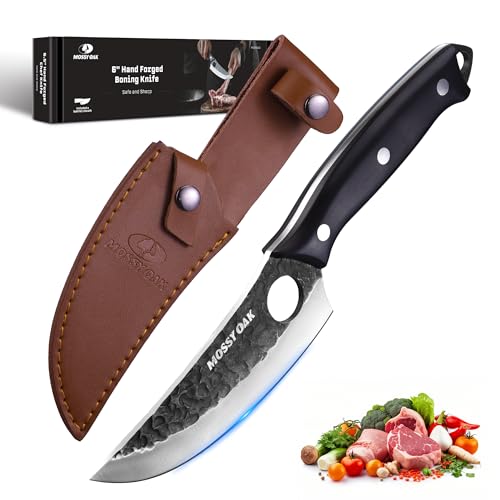 Mossy Oak Chef Knife, Kitchen Knife for Boning, Cutting, and Chopping, Hand Forged Viking Knife Full Tang Handle with Genuine Leather Sheath, Meat Cleaver Knife for Outdoor Cooking, Camping and BBQ