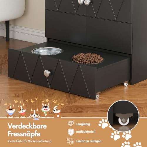 Haustier-Futterschrank mit Lagerschrank, Futterschrank Hund mit 2 Edelstahlnäpfen & 3 Haken, Hundefutterstation mit Schubladen & Verstellbarer Ablage, Hundebar für Hunde, 61x35,5x82,5cm (Schwarz)