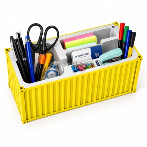 Image of FreshDcart Multi-Function 4 Slots Shipping Container Desk Organizer for Pens, Mobile Phones,Remote, Business Cards & Office Supplies Stylish Desktop Storage Box (Yellow)