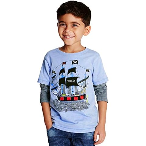 CRAZY GOTEND Little Boys Long Sleeve T-Shirt Kids Cotton Tops Toddler Pirate Ship Tees 3-4Years Blue Cover