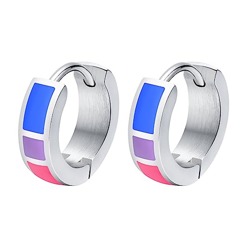 Unisex Stainless Steel Unique Rainbow Flag Lesbian LGBT Gay Pride Small Huggie Hoop Earrings