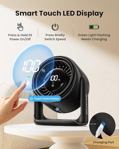 Gaiatop Tischventilator mit Touch-Steuerung, 4000-mAh-Akku, 5 Speeds, leiser Mini-Ventilator mit LED-Anzeige, 90° Neigung, über USB-C aufladbarer Tischventilator für Büro, Schlafzimmer, Zuhause 2