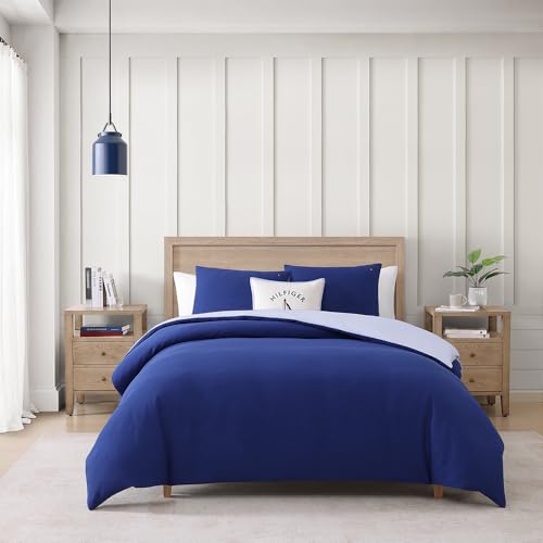 Tommy Hilfiger - Juego de edredón, Ropa de Cama súper Suave con Fundas a Juego, Elementos Esenciales de Cama sólidos (Azul Micro piqué, matrimonial/Queen)