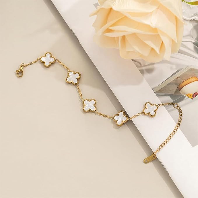 Image of STYOLLO Four-Leaf Clover Anti Tarnish Bracelet for Women & Girls Stylish | Elegant Gold-Plated Lucky Charm Jewelry | Aesthetic Enamel Design Adjustable Chain Bracelet for Daily, Gifting & Festive