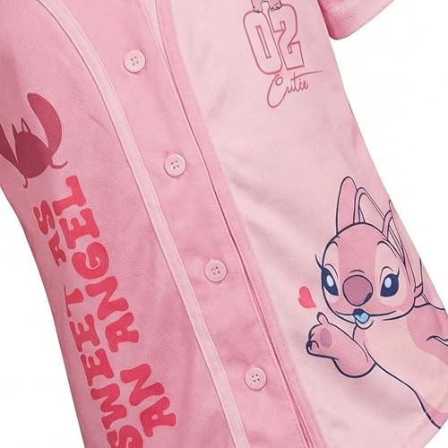 Image of Disney Lilo & Stitch Girls Baseball Jersey Shirt Button Down Kids Tee Stitch Angel Sizes 4-16