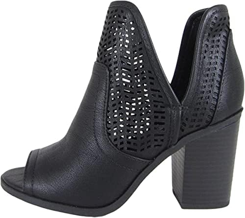 Soda CATHY - Women's Laser Cut Side V Cutout Open Toe Stacked Chunky Heel Bootie (Black Nbpu, us_footwear_size_system, adult, women, numeric, medium, numeric_5_point_5)