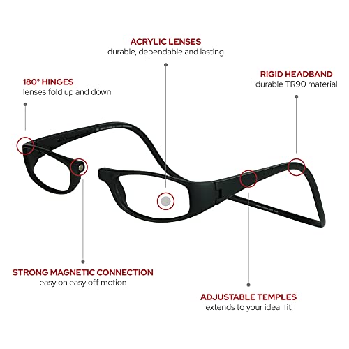 Clic Magnetic Reading Glasses, Computer Readers, Replaceable Lens, Adjustable Temples, Euro, (S-M, Black, 1.25 Magnification) #TOP2
