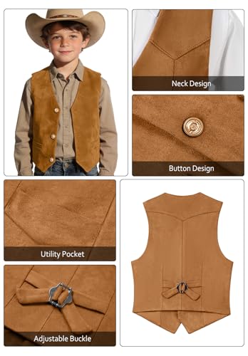 Image of Retro Boys Western Cowboy Vest for Kids Leather Suede Waistcoat | vintage dress vests, welt pockets, v-neck, adjustable waist, formal slim fit, wedding outfit, farm christmas birthday prom