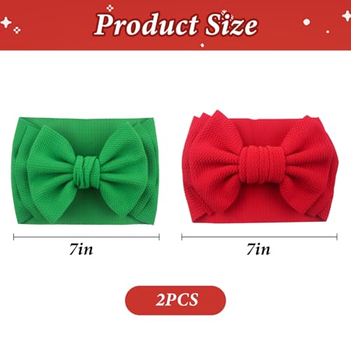 2pcs Red Green Bow Headbands for Newborn Baby Girls, Christmas Hair Bow Headbands 7inch Big Stretchy Soft Head Wrap Turban Hair Accessories Gifts for Infant Toddler Baby Girl Newborn Essentials2