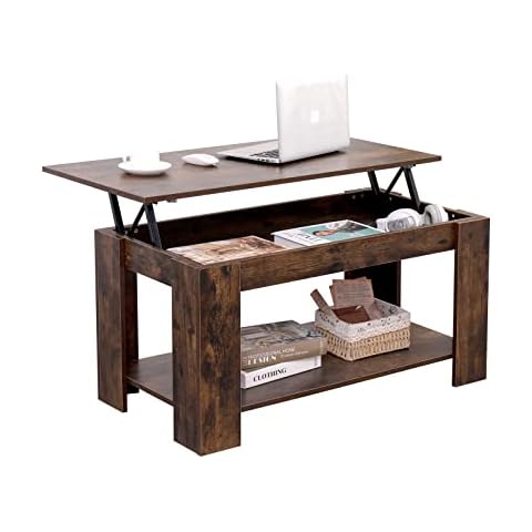 Coffee Tables for Living Room Lift Top Coffee Table with Hidden Storage Compartments and Shelf Wooden Lifting Coffee Tea Table - Rustic Brown Cover