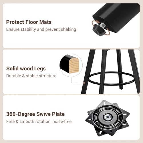 Image of YaFiti 24 inch Counter Height Bar Stools Set of 2, Modern Swivel Bar Stools with Ergonomic Curved Back, Faux Leather Seat & Solid Wood Legs, Charcoal Grey