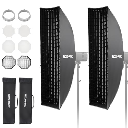 Soonpho 2 Pack 12x47/30x120cm Strip Softbox with Honeycomb Grid & Diffusers, Quick Release Bowens Mount Softbox for Godox SL60W SL60IID, SL60IIBI, for Neewer CB60B FS150B CB100C, for Amaran 200x S - image 1