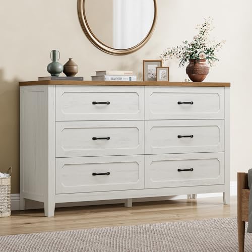 PIXOURA Farmhouse 6 Drawer Dresser for Bedroom 54 Extra-Wide Chest of Drawers with Metal Handles Wood Dresser TV Stand Rustic Storage Organizer for Closet Living Room Entryway Rustic White