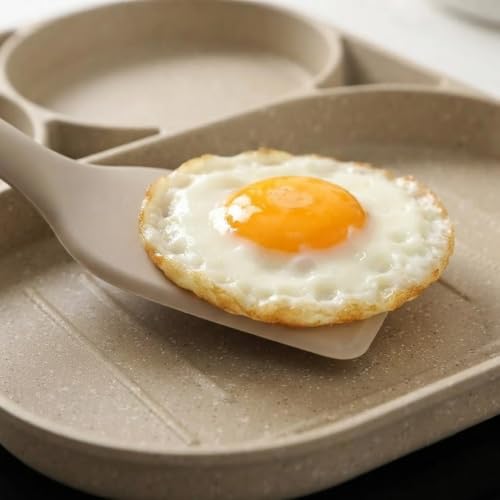 Image of 3 Cup Egg Frying Pan, Non Stick Granite Omelette Pan, 3 Hole Breakfast Fry Pan, Multi Section Egg Cooker, Induction Compatible Pancake Pan, Kitchen Cookware with Wooden Handle (White)