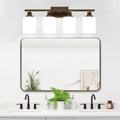 Image of MOKATNG 4-Light Bathroom Light Fixtures, Vanity Light with Milky White Shades, Oil-Rubbed Bronze Bathroom Light Fixtures Over Mirror, Modern Bathroom Wall Lamp for Mirror Living Room Cabinet Bedroom