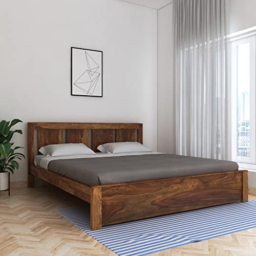 Image of Wooden Queen Size Bed Without Storage | Wooden Double Bed Cot Bed for Bedroom Furniture | Palang Double Bed for Hotels | Solid Sheesham Wood, Brown, Mattress Size: 78 X 60 in