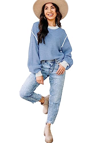 Image of Disamer Women's Crew Neck Sweater Oversized Fall Tops 2023 Batwing Long Sleeve Solid Color Ribbed Knit Side Slit Pullover Top, X-Large, A Blue