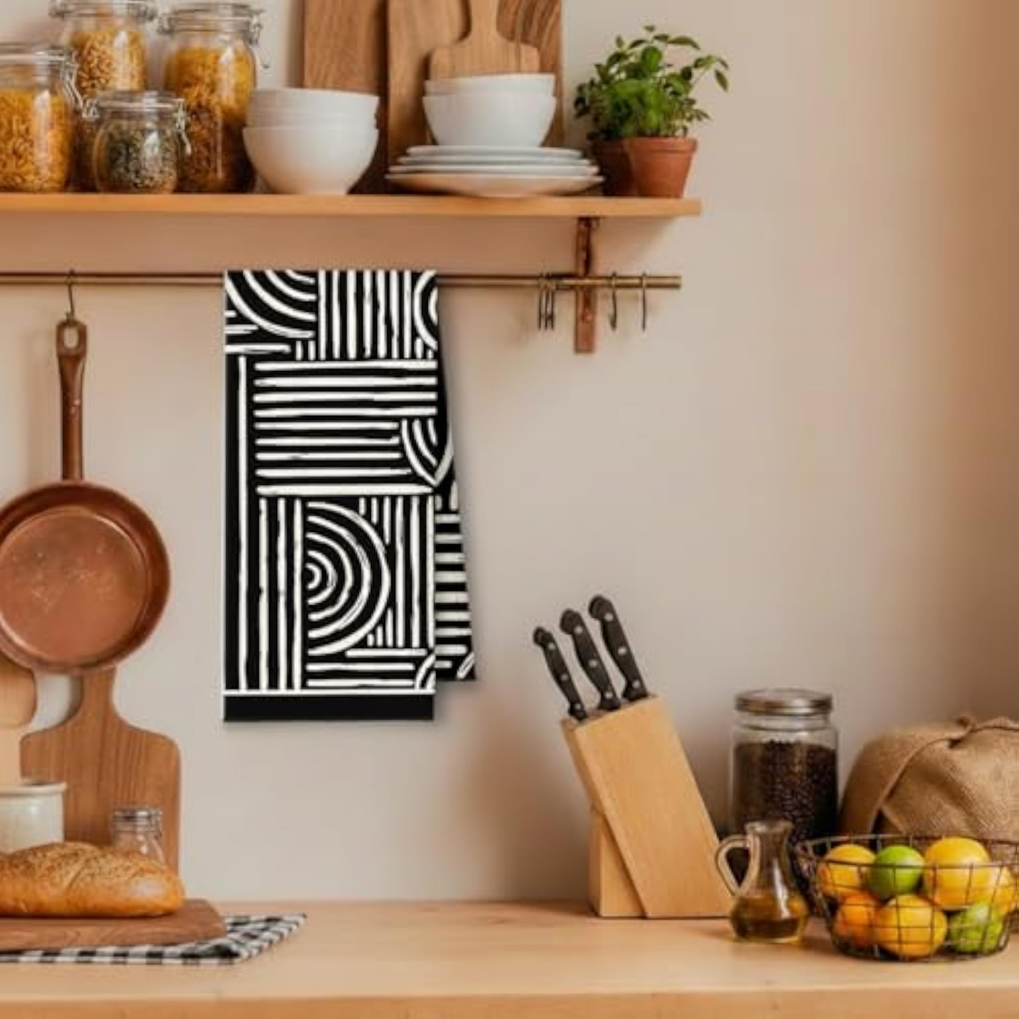 Boho Modern Abstract Kitchen Towels, Black and Beige