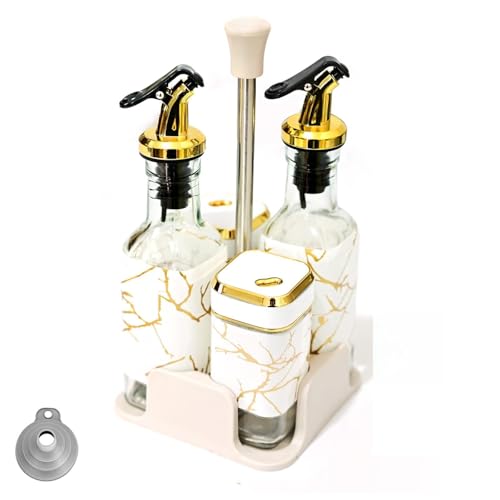 SAEIV Set aceite Vinagre y Sal (5 Piezas), 2 Botella aceite de 160ml, 2 Tarros de Especias de 120ml, Diseño de tapa Giratoria, Múltiples Métodos de Vertido, Botellas Cristal