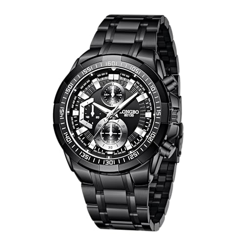 Image of LONGBO Black Business Casual Stainless Steel Decorative Subdials Big Blue Dial Scratch Resistant Waterproof Analog Watch for Men and Boys